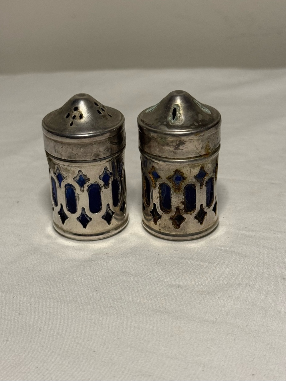 Vintage Silver & Cobalt Blue Glass Salt Pepper Shaker Set Filigree Design 1980's